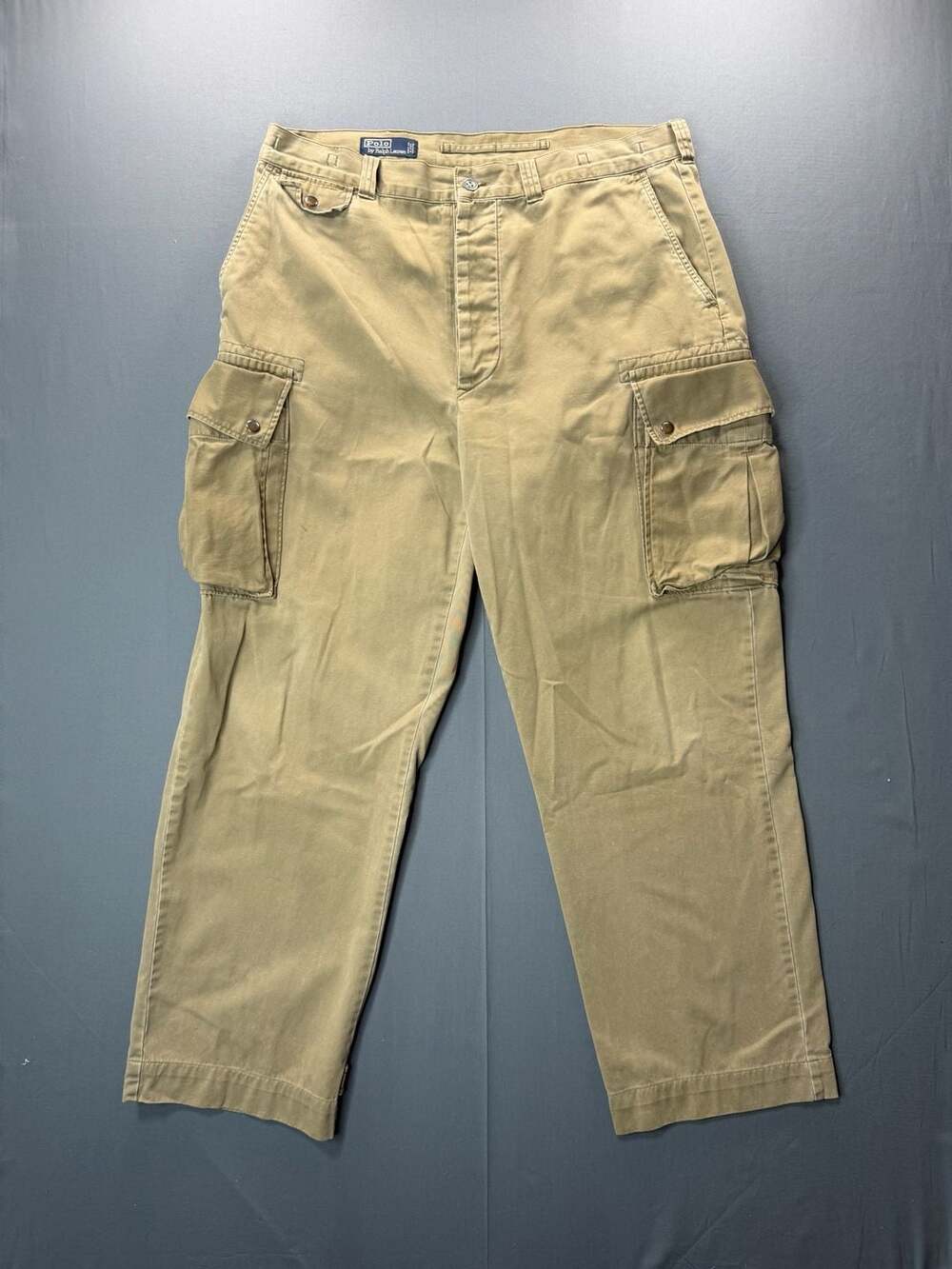 Polo Ralph Lauren Vintage Button Fly 100% Cotton Utility Tan Cargo Pants 40/34